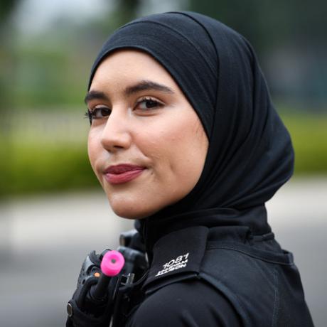 A close up of the author, Yassin Desai, wearing the Blue Light Hijab