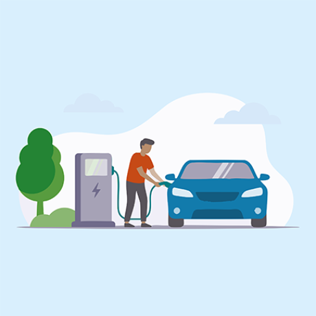 An illustration of a man charging an electric car.