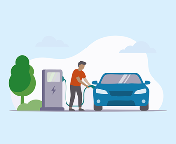 An illustration of a man charging an electric car.
